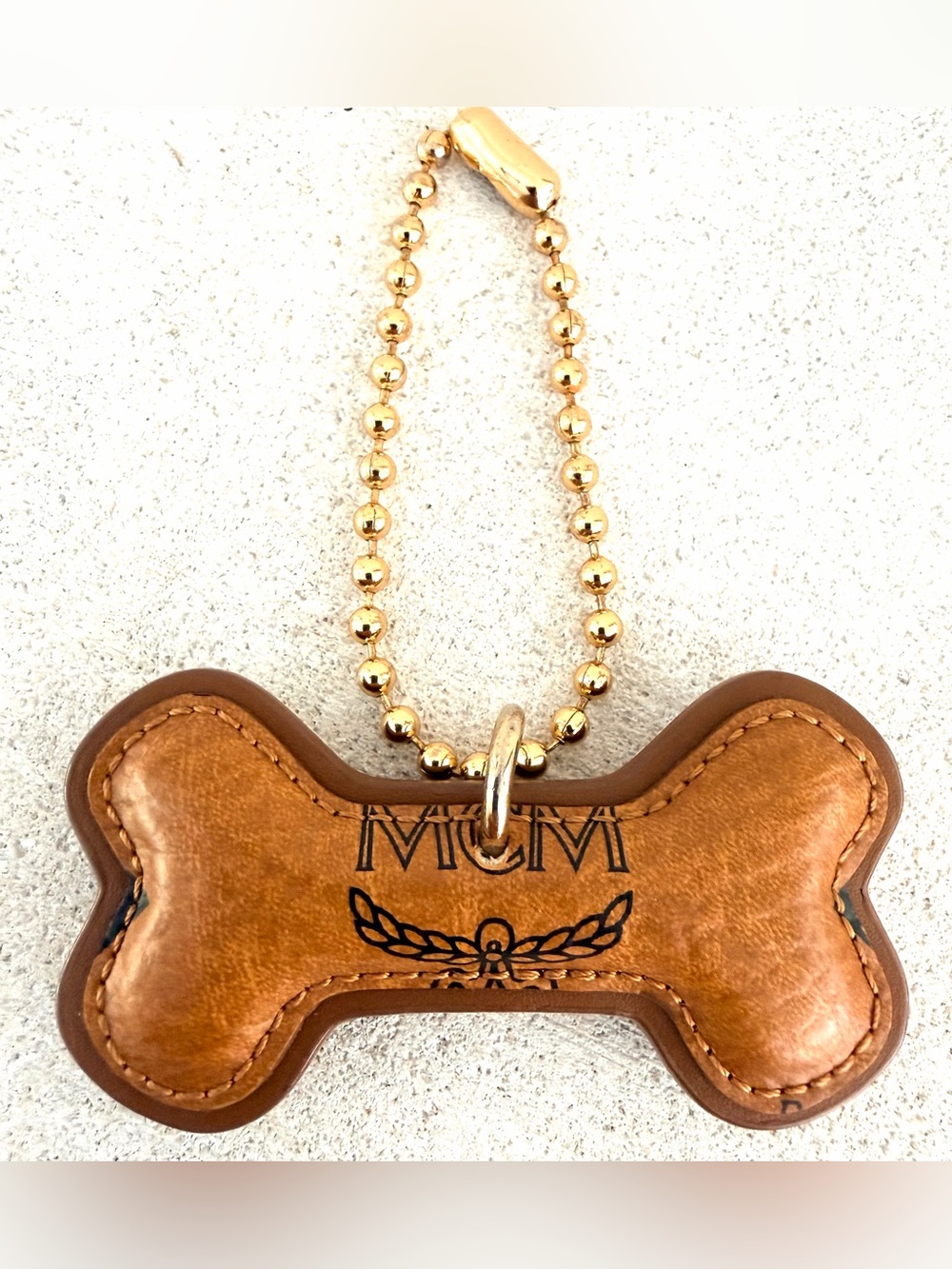 MCM Vintage Cognac Visetos Dog Bone Bag Charm Keychain Gold Chain